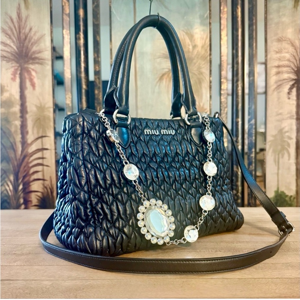 Miu Miu Black Matelassé Nappa Leather Crystal 2-Way Handbag Shoulder Tote Bag - Picture 2 of 16